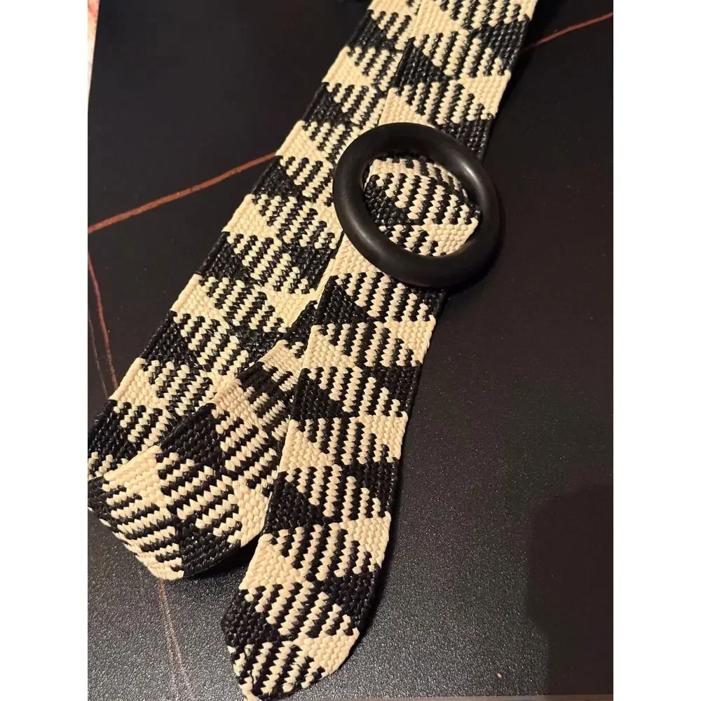 Boho Woven Ring Buckle Belt Black Cream Geometric Resort Coastal Style